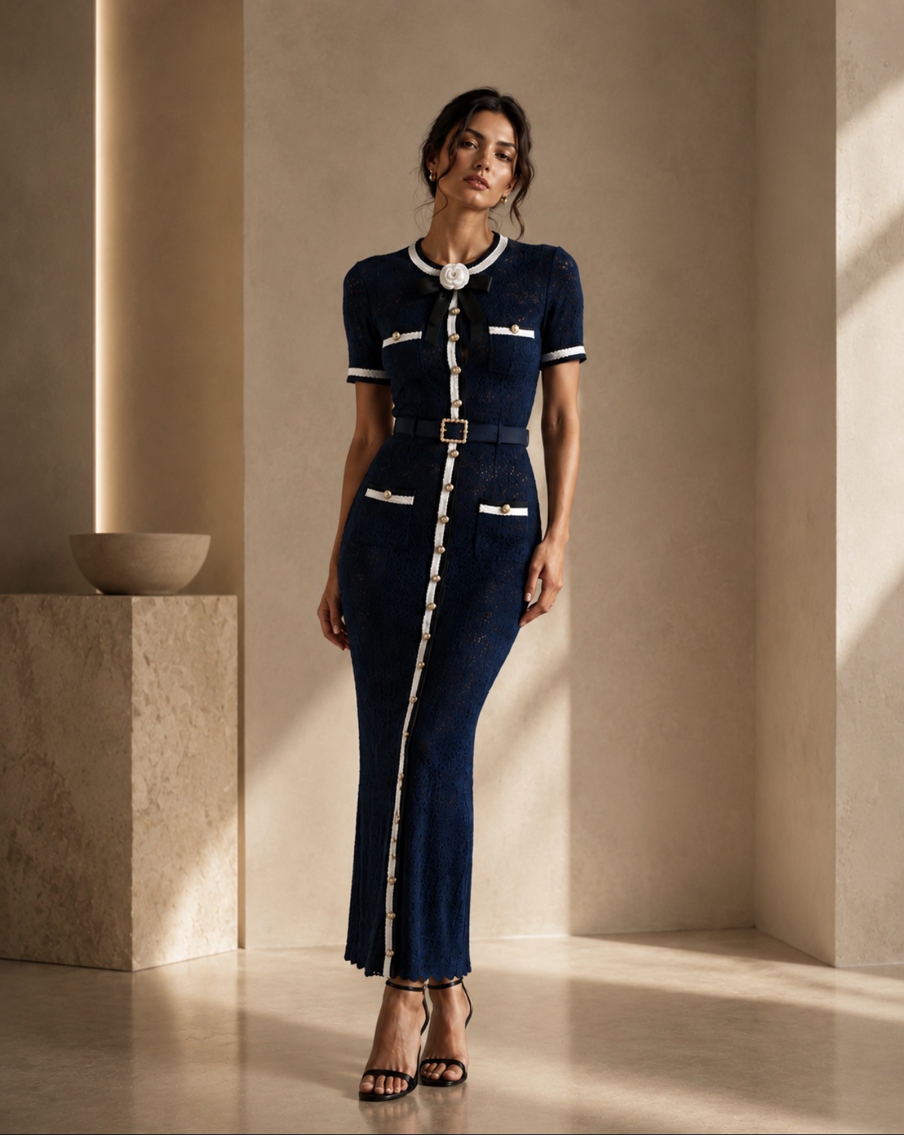 Navy lace knit belted maxi dress — GRÉVA COUTURE