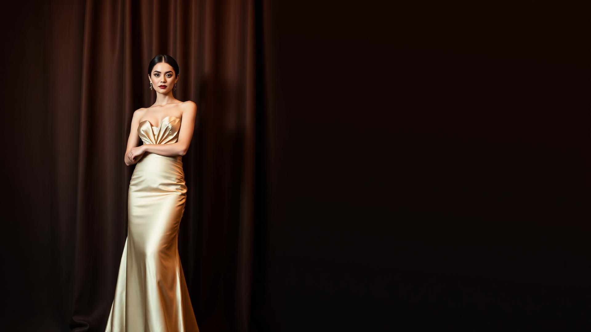 GRÉVA COUTURE campaign — champagne gold gown against espresso drapery